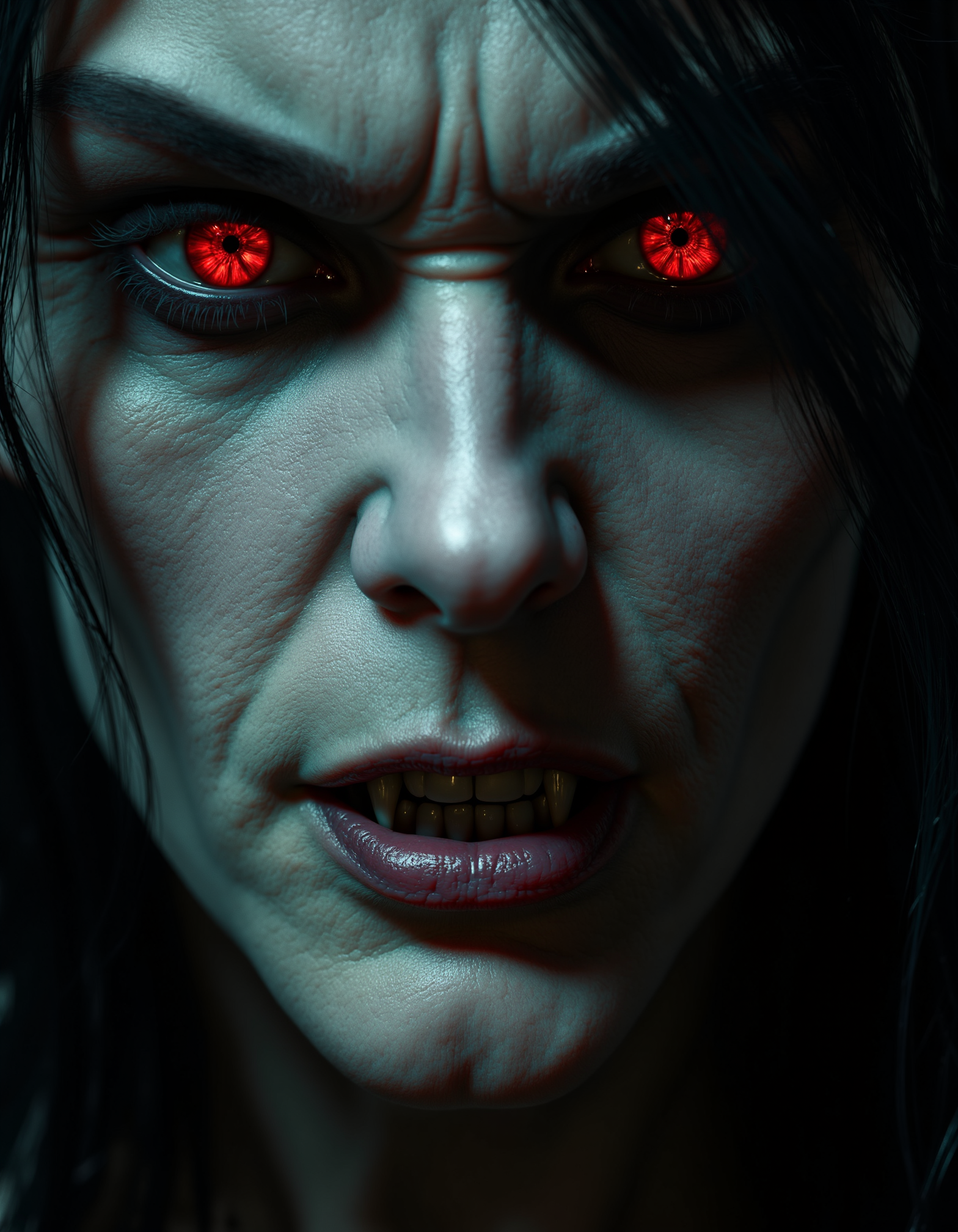 zavy-vmpr, Extreme close-up of a shadowed face framed by wispy black hair, piercing crimson eyes that glint with an unsettling hunger, an enigmatic smirk barely revealing elongated canines, high contrast chiaroscuro with a focus on textures and details of the skin, a dark palette with hints of deep emerald and midnight blue for a haunting ambiance.