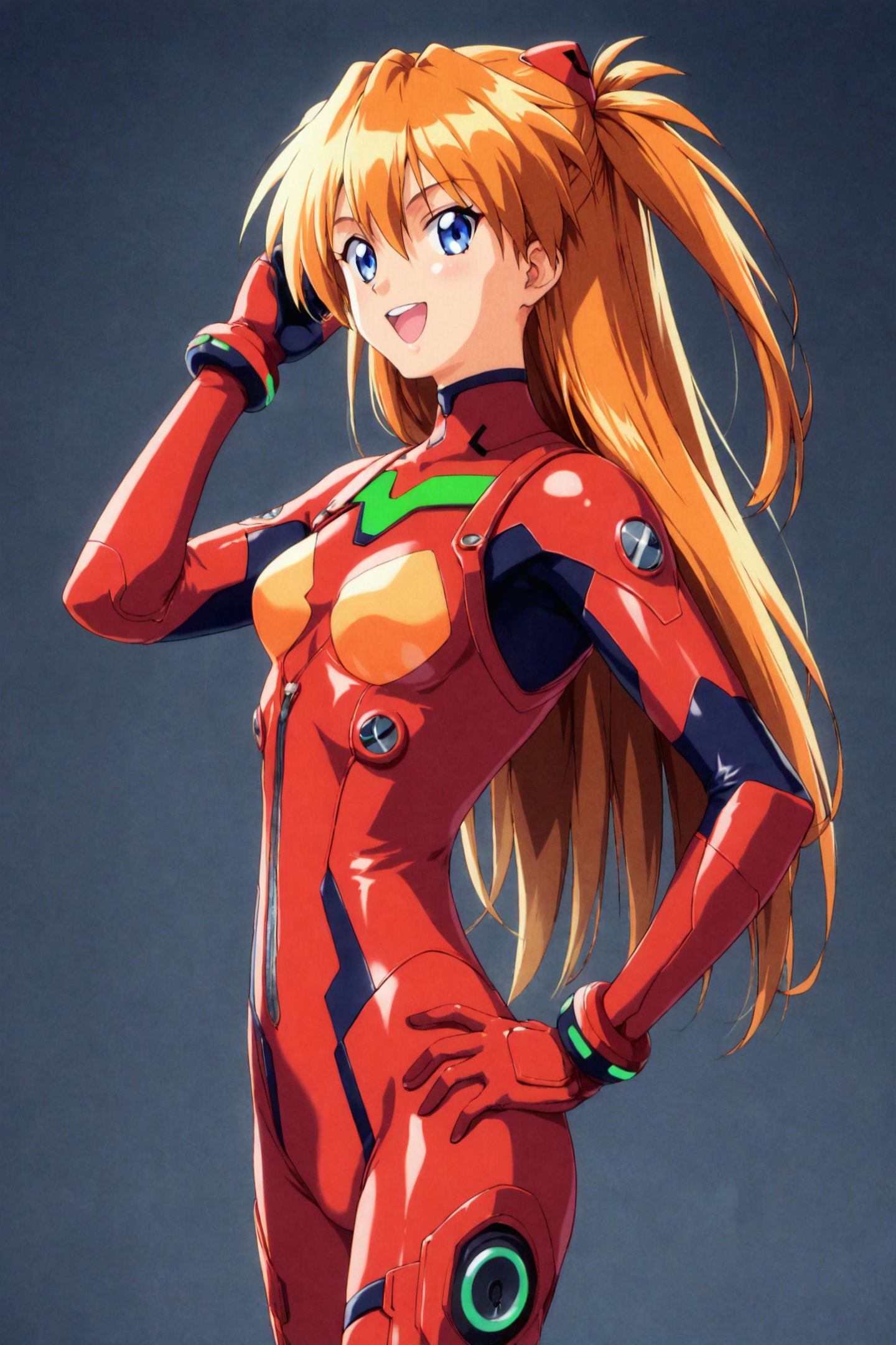 score_9,score_8_up,score_7_up,masterpiece,best quality,
1girl,long hair,plugsuit,bodysuit,souryuu asuka langley,pilot suit,bracer,blue eyes,smile,open mouth,breasts,bangs,turtleneck,solo,cowboy shot,:d,hair between eyes,gloves,red bodysuit,small breasts,looking at viewer,headgear,two side up,hand on hip,skinny,adjusting hair,narrow waist,standing,orange hair,science fiction,hand up,shiny clothes,hair ornament,happy,from side,shiny,skin tight,simple background,black background,1990s \(style\),retro artstyle,
<lora:Tokimeki Memorial 2_XL_PONY:0.9>,