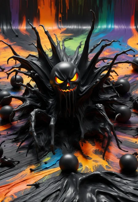 DonMP41n717Bl4ckXL  __Bo/halloween/random*__, vibrant colours, black paint <lora:DonMP41n717Bl4ckXL-000008:1>