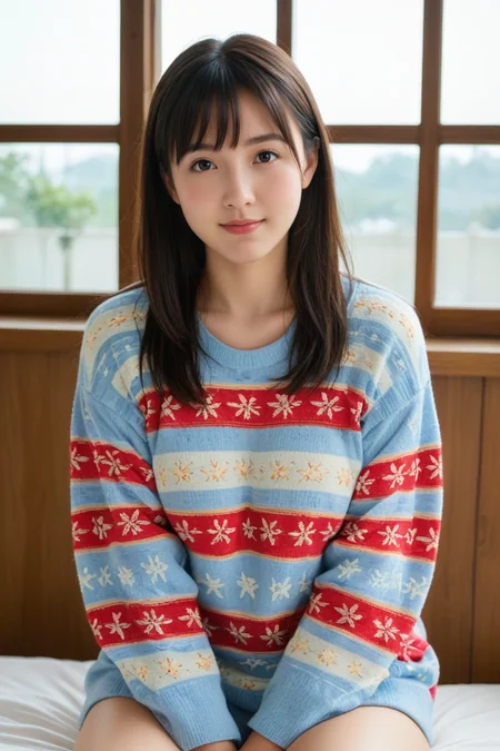 1girl, Long black hair, bangs,(pattern sweater,
Showing thighs:1.3),
Beautiful 20 year old Japanese girl,large nature breasts,
looking at viewer,,cowboy shot, light smile,
,portrait,upper body,sitting,
<lora:sdxl_lightning_8step_lora:1>,
<lora:pony_xl_yawara:0.7>,yawara,
dojo,score_9,score_8_up,score_7_up,
Clouds Sky,old time city street ,dof,
masterpiece, best Quality,realistic Details,photography,