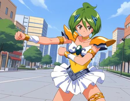 general,highres, ultra-detailed,very aesthetic,best quality ,best hands, BREAK <lora:Tamano_Hinagiku_IS:1> Tamano_Hinagiku, 1girl,solo, green hair, short hair, brown eyes, hair between eyes, 1990s (style),anime coloring,
solo, green eyes, smile, skirt, choker, looking at viewer, armor, armlet, jewelry, magical girl, thighlet, ahoge, outdoors, white skirt, shoulder armor, pauldrons, day, hair ornament, collarbone, shoulder pads, open parts,
serious face, fighting, punch,
city, outdoor, day, sky,
