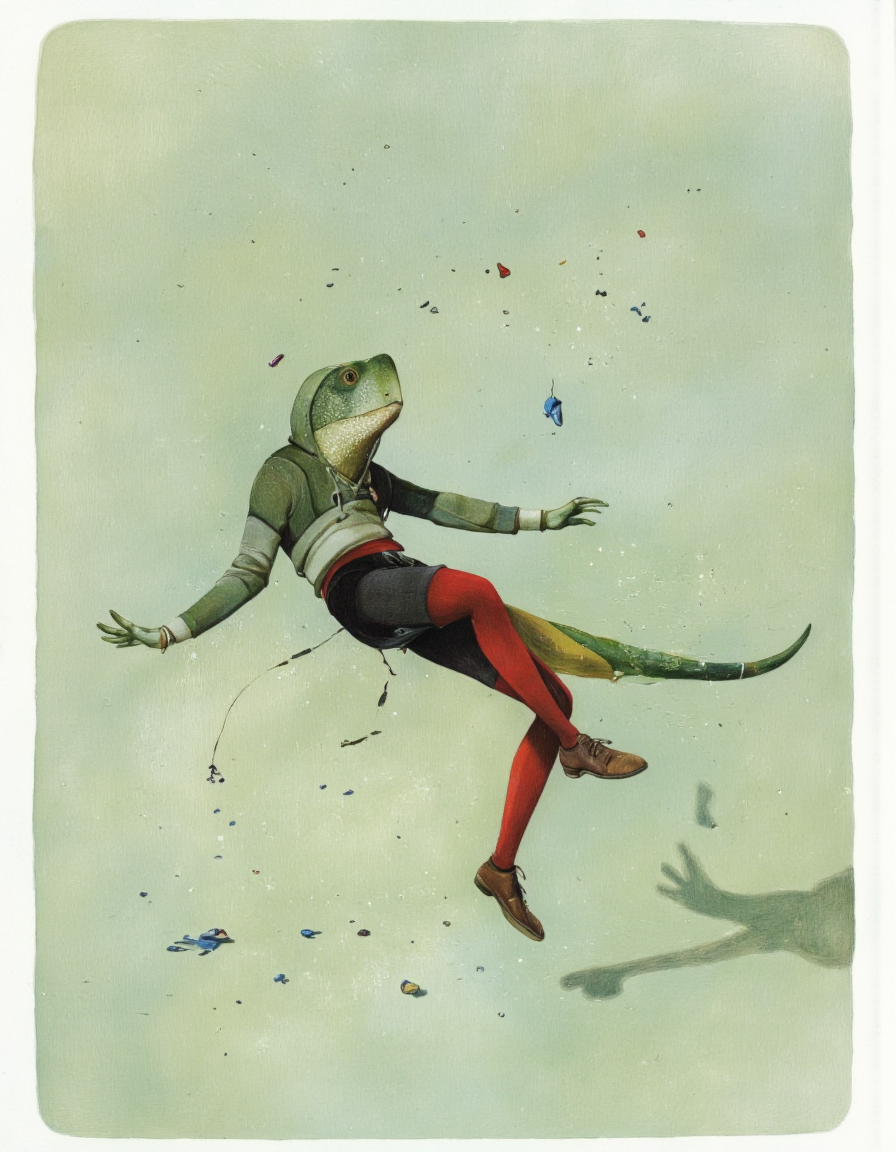 By Rébecca Dautremer. A surreal digital illustration shoot from below about a stylized lizard character in a playful pose, wearing a green hoodie and red tights. the image also shows a small blue object floating in the air. on the middle of the image, a lizard character appears to be in mid-air, with one leg raised and the other bent. the lizard character has a long, slender body with a green head and a long tail, and its eyes are large and round. it has a playful expression, with its arms stretched out to the sides and its legs bent at the knees. the character is wearing a long-sleeved green sweater, black shorts, and brown shoes. the background is a simple, light green color, and there are small, scattered items around the character. the overall style is whimsical and playful, with a focus on the character's dynamic pose and expression.