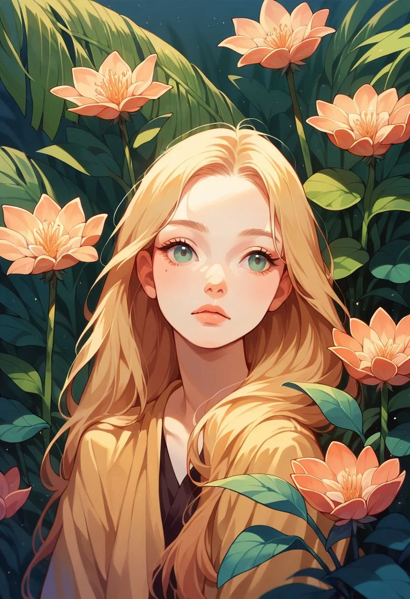 <lora:gr33nXLP:1> gr33n, solo, 1girl, long hair, plant, flower, score_9, score_8_up, score_7_up, score_6_up,