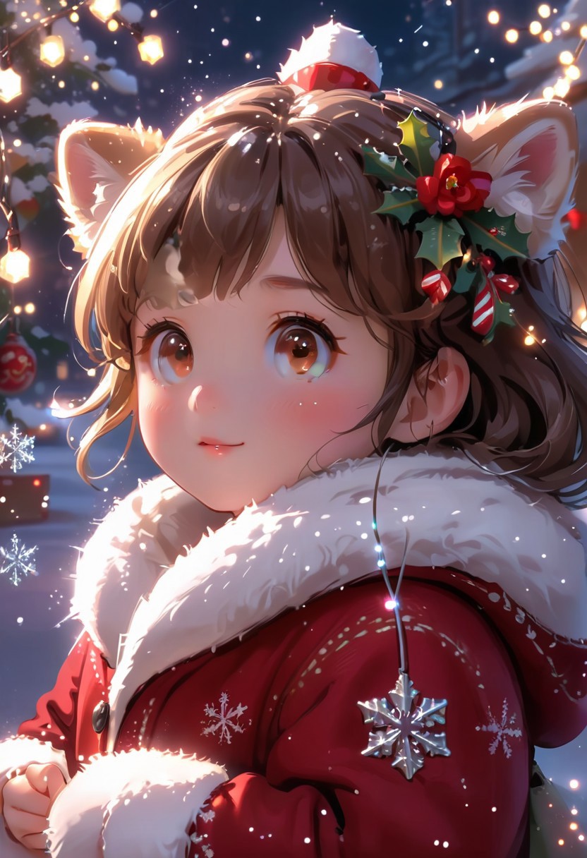 Festive, snowflake, little girl with rosy cheeks, wearing a furry coat, close-up view, snowflakes drifting, Christmas lights, solo, lovely and heartwarming