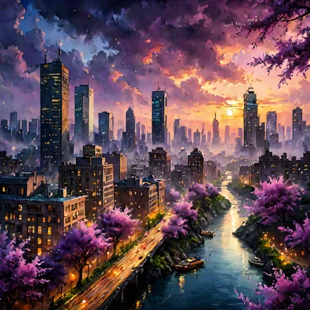(mix of watercolor and oil painting, scenery, RAW photo, photorealism, photo studio, etheral, motion lines, glowing, Chiaroscuro,city skyline background,indoors, lilac blossom trees,,deep colors, vivid, colorful, fairy tale aethestics, magic, fireflies, cinematic composition, volumetric lighting,volumetric fogs, volumetric dusk, lots of volumetric clouds, cinematic composition, from above,drop shadow,celestial, ethereal), (masterpiece, best quality, ward-winning, professional, highly detailed)