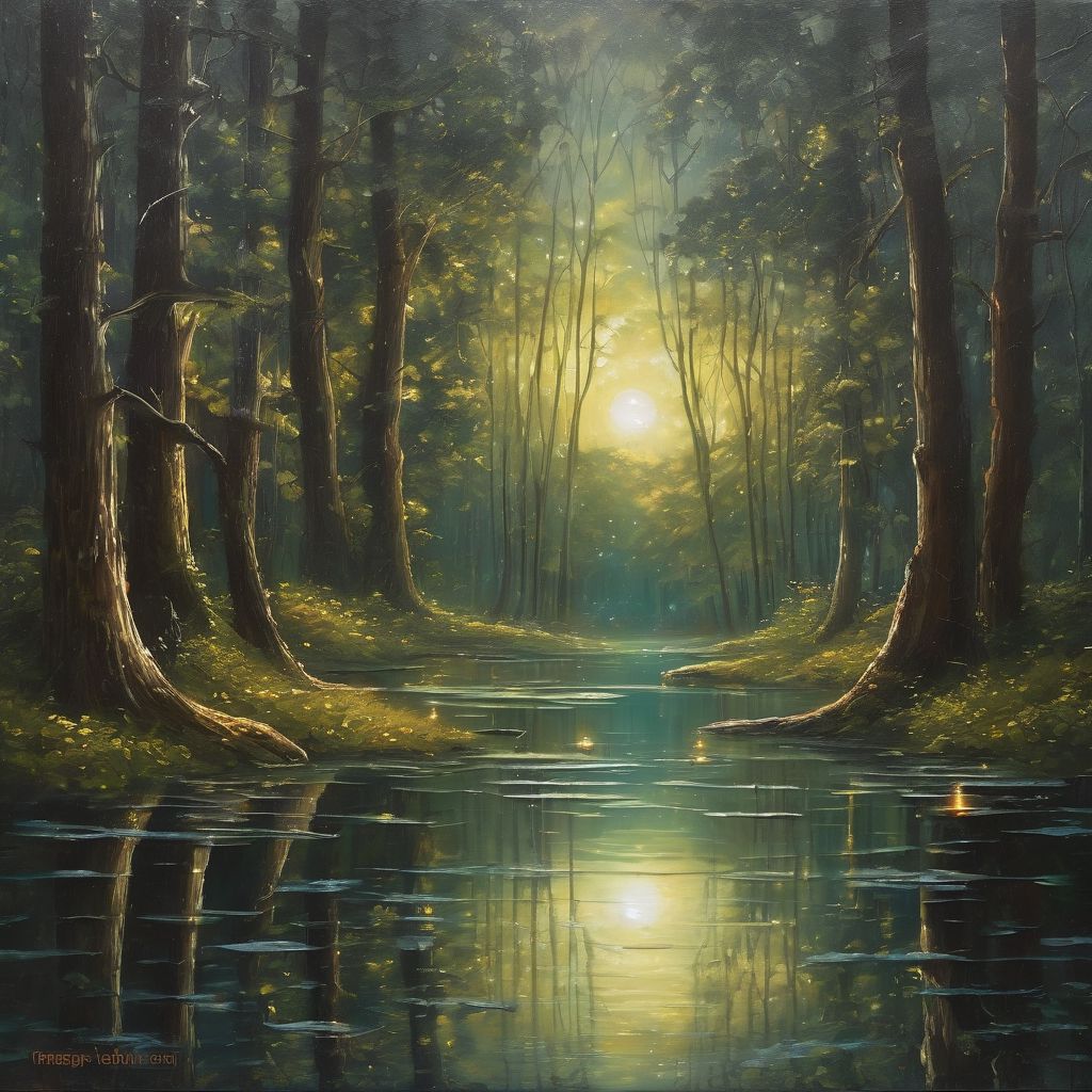 rain drop with reflection of a magical forest, refelction in reflection in a crystal-clear pond, shimmering under the light of the full moon, casting a mystical glow over the serene scene, illuminating the surrounding trees with an ethereal light, creating a dream-like atmosphere that transports the viewer to another world.