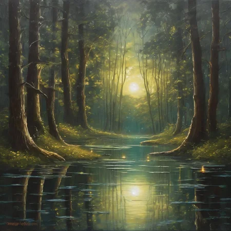 rain drop with reflection of a magical forest, refelction in reflection in a crystal-clear pond, shimmering under the light of the full moon, casting a mystical glow over the serene scene, illuminating the surrounding trees with an ethereal light, creating a dream-like atmosphere that transports the viewer to another world.