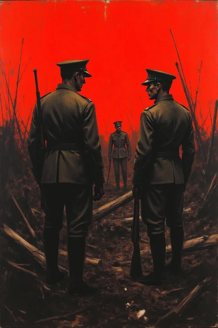 apoca1 illustration. a painting of two world war one British soldiers, are facing each other. The man on the left is dressed in a long sleeved, long-sleeved shirt, pants, and a hat, and he is holding a rifle in his right hand. His left hand is resting on his hip, while his right arm is bent at the elbow. The second man, is facing the right, with his head turned towards the left. He is facing away from the viewer, and his shadow is cast on the right side of the frame. The background is a vibrant red, showing the devastation of a battle field <lora:apocalypse_now4_nocap_d4a2:0.8><lora:803164712905988322:0>