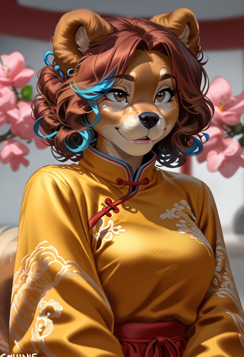 score_9, score_8_up, score_7_up, (by kittydee:1.5), (by jailbird:1.5), (by zummeng:1.5), masterpiece, best quality,   
(Furry Art: Anthro: chow chow:1.5), 1girl, expressive eyes, feminine eyes, perfect face, feminine face, dog, canine, (fluffy fur:1), dog ears, curled dog tail, reddish-brown fur, brown eyes, (reddish brown hair with pastel blue highlights:1.5), curly hair, chinese hair buns, medium breasts, chinese clothing, depth of field, foreshortening,