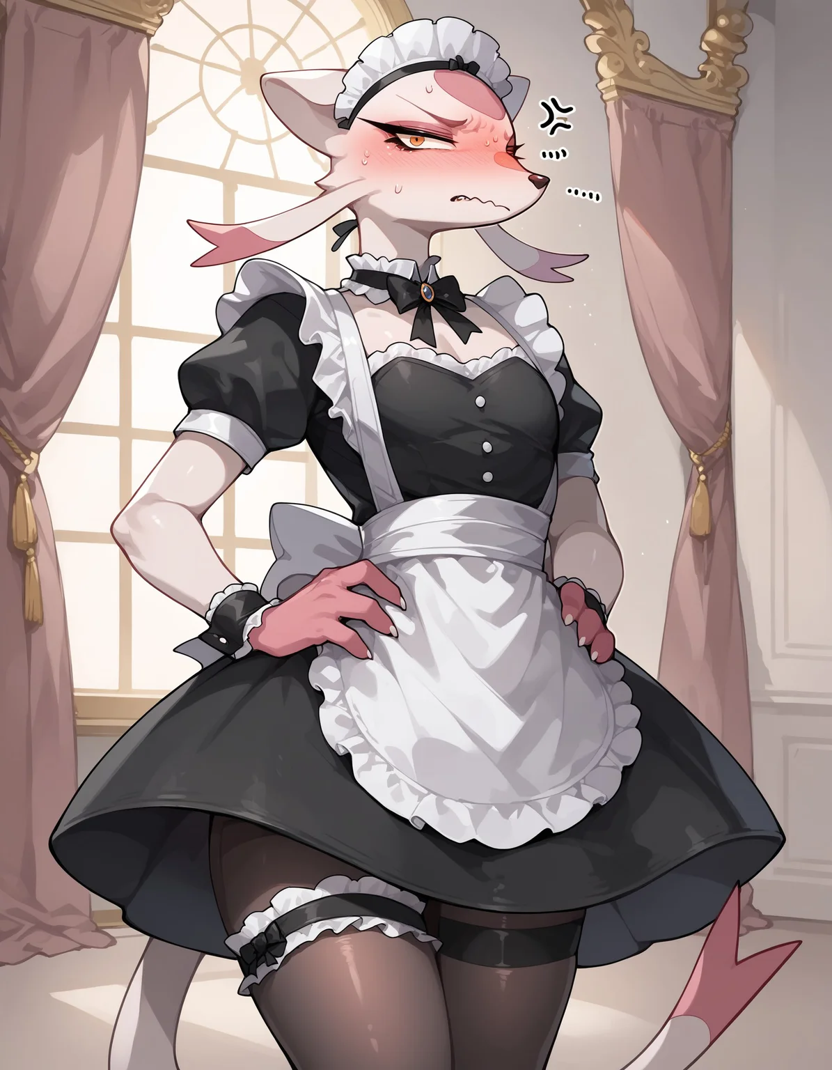 score_9, score_8_up, score_7_up, MienXL, pokemon \(creature\), (solo), 1girl, femboy, girly, anthro, multicolored skin, pink skin, looking at viewer, luxurious mansion, maid dress, maid headwear, leg band, lifting dress, annoyed, irritated, embarrassed, pantyhose, hands on hips, <lora:cefaa866-a58e-40ba-a219-79ab392f7d60:1.0>, <lora:00a14dbf-39f1-49fa-863a-53c2f420df5f:0.8>