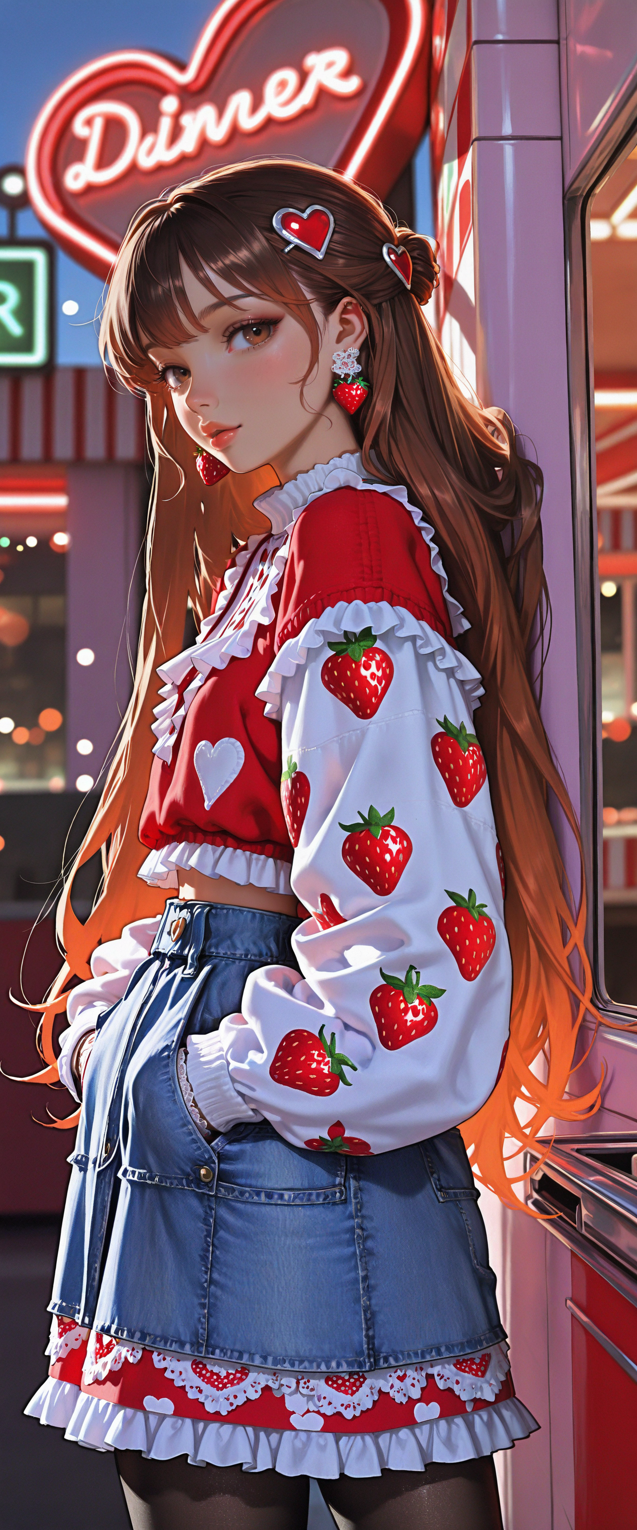 (absurdres, high_quality, newest, incredibly_absurdres, very aesthetic, underlighting, painterly, film_grain, blurry_background, bokeh, grainy_texture, glowing, vibrant, seductive, curvy, very_long_hair, iridescent_hair, magic, cowboy_shot)
(1girl, simple background, sleeves past wrists, brown eyes, sweater, strawberry_print, very_long_hair  jewelry, heart hair ornament, white shirt, outdoors, contrapposto, leaning_against_wall, diner, pantyhose, earrings, solo, red shirt, lips, lace, frills, food-themed earrings, heart, hair ornament, hands in pockets, half_updo, crop top, brown hair, ring, denim_skirt, looking back, sky)