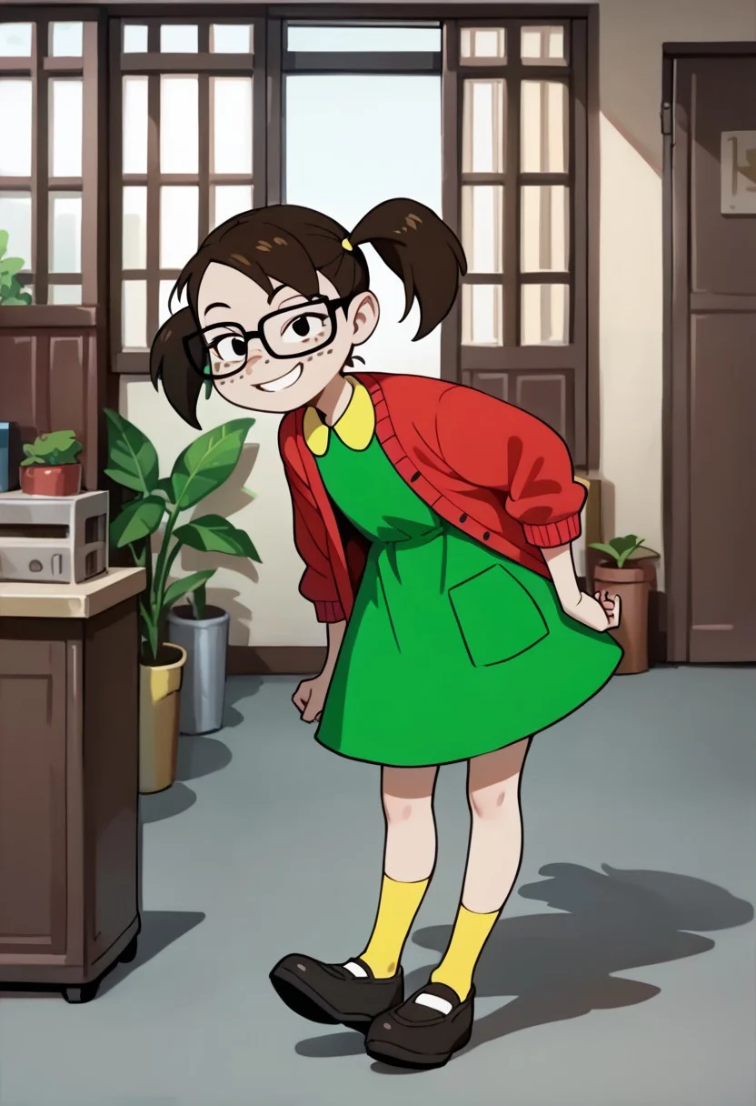 score_9, score_8_up, score_7_up, Chilindrina, 1girl, dark brown hair, pigtails, black eyes, freckles, glasses, open red cardigan, yellow-collared green dress, yellow dress pocket, yellow socks, black mary jane shoes, full body, smiling at viewer,