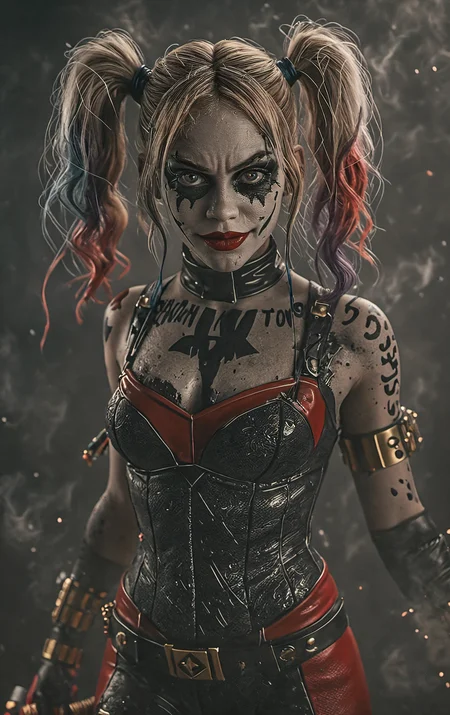 "Harley Quinn" from DC Comics,dark background full of black smoke,evil,sinister mood,intricate details,highly detailed photograph,8K,extreme photography,masterpiece,trending,pulls the viewer in,expert use of shading gives a 3d effect,(photorealistic:1.6),film grain,photographed on a Sony A7R IV,18mm F/1.7 cine lens,(highly detailed, intricately detailed),8k,HDR,