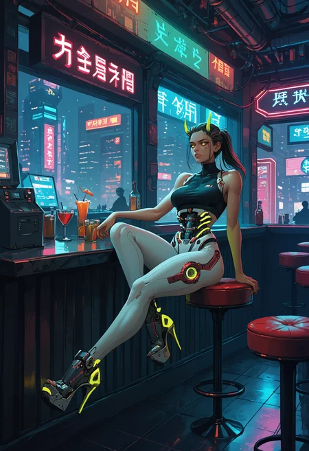 score_9, score_8_up, score_7_up, 1girl, solo, sitting, restaurant, booth seating, bar, window, neon lights, horns, crop top, thighs, (mechanical teeth), (mechanical mask:0.3), (mechanical torso:1.5), glowing clothes, city at night, scenery, highly detailed, science fiction, metropolis, cyberpunk, big breasts, dreamy eyes, bored, long hair, ponytail,
<lora:ArmorPunkV4:1> arm0rpunkv4, mechanical shoes, high heels, strappy heels, leggings,