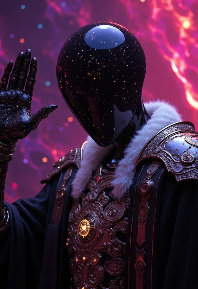 This high-quality digital artwork depicts a faceless god, holding up her hand to her face, holding the universe in her palm, getting ready to destroy all that it's birthed and created in one quick motion. The goddess has is has no face. Instead, where the gods face would be is a smooth, featureless, black surface, consumed by darkness with a swarm of beautiful stars scattered. The faceless goddess is clothed in an elegantly designed, dark, lightly armored robe, with a white fur collar, that covers the spirits torso and arms. The background features a universe with colorful twinkling stars. The camera angle is leveled, looking at the faceless goddess, emphasizing it's gut wrenching situation. The depth of field is wide, keeping everything in sharp focus, highlighting every magnificent detail. The overall aesthetic quality is very high, showcasing excellent use of lighting and composition.((heavy pink and magentas)), text "I demand your buzz mortal" huge chest,