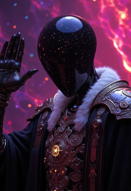 This high-quality digital artwork depicts a faceless god, holding up her hand to her face, holding the universe in her palm, getting ready to destroy all that it's birthed and created in one quick motion. The goddess has is has no face. Instead, where the gods face would be is a smooth, featureless, black surface, consumed by darkness with a swarm of beautiful stars scattered. The faceless goddess is clothed in an elegantly designed, dark, lightly  armored robe, with a white fur collar, that covers the spirits torso and arms. The background features a universe with colorful twinkling stars. The camera angle is leveled, looking at the faceless goddess, emphasizing it's gut wrenching situation. The depth of field is wide, keeping everything in sharp focus, highlighting every magnificent detail. The overall aesthetic quality is very high, showcasing excellent use of lighting and composition.((heavy pink and magentas)), text "I demand your buzz mortal" huge chest,