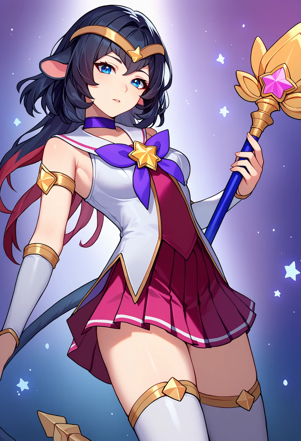 score_9, score_8_up, score_7_up, source_anime,
BREAK
<lora:shistarguardianV1:1.0>,
shistarlux, starguardianstyle, magical girl, hair ornament, alternate costume, star guardian \(league of legends\),
purple bow, pleated skirt, purple choker, starry background, jewelry, tiara, staff, armlet, thighhighs,
alternate hair color, elbow gloves,
1girl, solo,
<lora:shiJaneDoeTestV1:1>, shijanegame, long hair, black hair, animal ears, mouse ears, blue eyes, multicolored hair, red hair,
tail,
