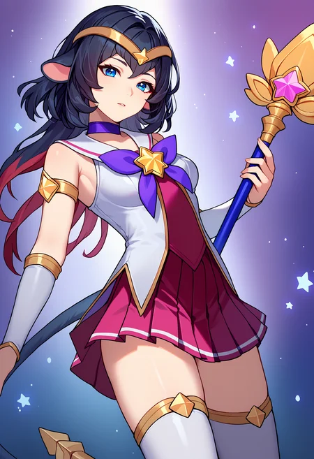 score_9, score_8_up, score_7_up, source_anime,
BREAK
<lora:shistarguardianV1:1.0>,
shistarlux, starguardianstyle, magical girl, hair ornament, alternate costume, star guardian \(league of legends\),
purple bow, pleated skirt, purple choker, starry background, jewelry, tiara, staff, armlet, thighhighs,
alternate hair color, elbow gloves,
1girl, solo,
<lora:shiJaneDoeTestV1:1>, shijanegame, long hair, black hair, animal ears, mouse ears, blue eyes, multicolored hair, red hair,
tail,