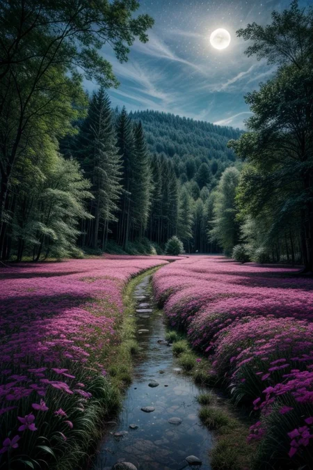 masterpiece, best quality, ultra-detailed, realistic, 8k, lifelike naturalism, greatest naturalism photo, immaculate detailed realism photography, rich colors, best colors composition, intrigue nature panorama, delicate nature photo, immaculate micro-details nature elements, lakes, meadows, glitter, moonlight, Crystal landscape, Crystal flowers, Crystal fantastic, out-of-this-world scenery,