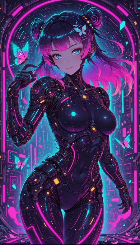 stylized, in soft pastel neon tones, 1girl, holographic butterfly hair clips, floating digital petals, looking at viewer, dynamic pose, warm cyber glow masterpiece, best quality, amazing quality, very aesthetic, absurdres, detailed eyes, newest, <lora:PinkieNeonCybercoreIL:1>, pinkneoncybercore,
