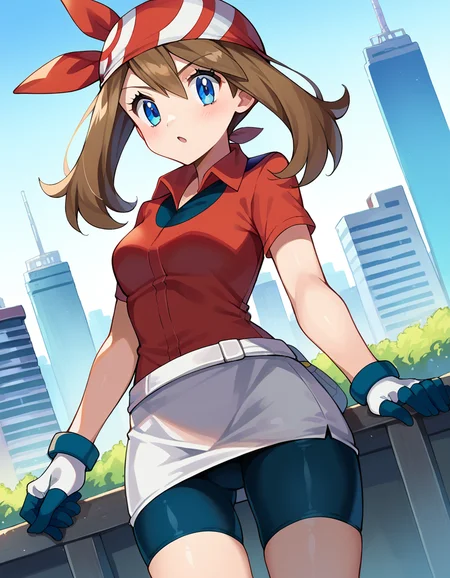 score_9, score_8_up, score_7_up, source_anime,
pokemonmay, <lora:pokemon-may-ponyxl-lora-nochekaiser:1>
pokemonmay, blue eyes, brown hair, bandana, long hair, red bandana, twintails, hair between eyes,
bike shorts, collared shirt, gloves, microskirt, multicolored shirt, pencil skirt, red shirt, shirt, short sleeves, skirt, white skirt,
outdoors, cityscape,
looking at viewer, cowboy shot, dutch angle,