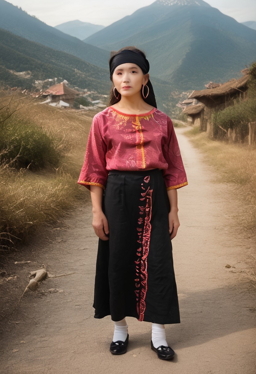 yao people, yao, chinese, solo, ethnic minority, hunan, 1girl, ((small black turban)), sarafan, (bright magenta silk tunic) ((embroidered)), realistic, detailed, ((intricate embroidery in white and black thread)), ((big silver hoop earrings)), ((black hair)), (dark black skirt), (black leggings), short white socks, small black opentop shoes, 24 years old, mountains, pathway, standing
