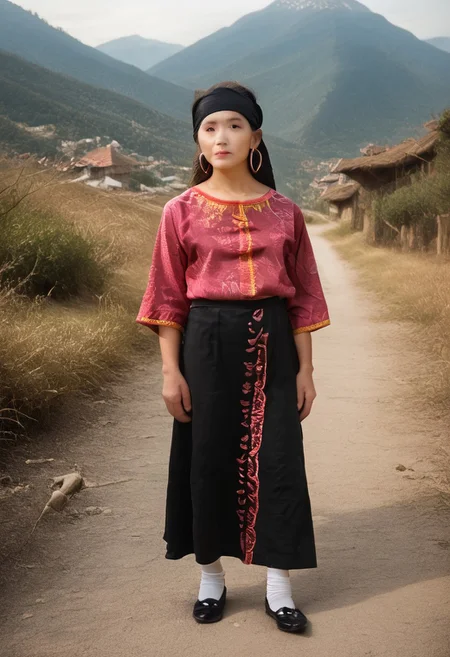 yao people, yao, chinese, solo, ethnic minority, hunan, 1girl, ((small black turban)), sarafan, (bright magenta silk tunic) ((embroidered)), realistic, detailed, ((intricate embroidery in white and black thread)), ((big silver hoop earrings)), ((black hair)), (dark black skirt), (black leggings), short white socks, small black opentop shoes, 24 years old, mountains, pathway, standing
