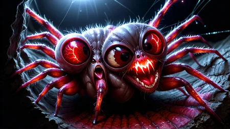 spider with alienzkin head, having the greatest time in his entire life, sitting in a dark hole, red glowing spider web, fangs in his mouth, suddle glowing eyes, horror, love  <lora:alienzkin:0.5> <lora:ral-chrosc-bw:0.8> ral-chrosc-bw