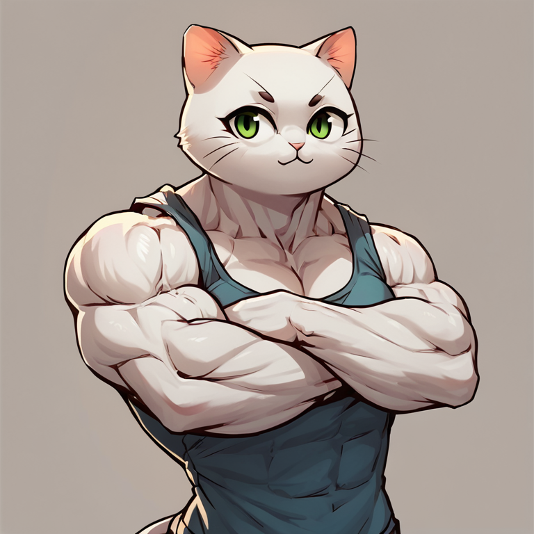 score_9,score_8_up,score_7_up,
 <lora:muscular:0.8>,
muscular_body,
cat,,solo,(cute face),muscular , shirt,upper body,white fur,crossed arms,female focus