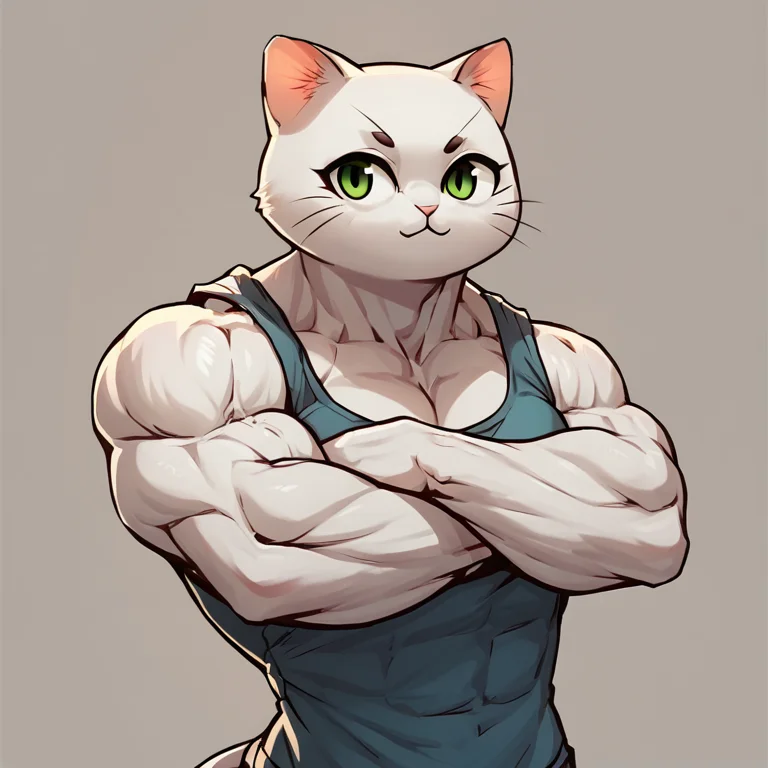 score_9,score_8_up,score_7_up,
<lora:muscular:0.8>,
muscular_body,
cat,,solo,(cute face),muscular , shirt,upper body,white fur,crossed arms,female focus