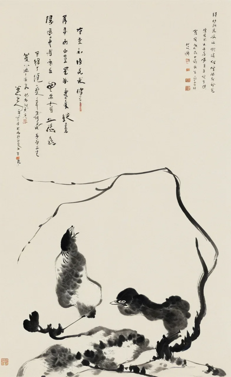 <lora:å
«å¤§å±±äººç»é£-000009:0.8>,holding, traditional media, smoke, monochrome, simple background, brown background, ink, floating, no humans, calligraphy brush, paintbrush, the art of chinese calligraphy, traditional art, black and white, calligraphy, brush strokes, abstract nature depiction, seal stamp, signed artwork, minimalistic composition, asian artistic style, paper texture, cultural artwork, shadow effect, plant representation, simplicity, balance, artistic impression, fluidity of lines., Chinese text, ink wash painting, traditional chinese painting,