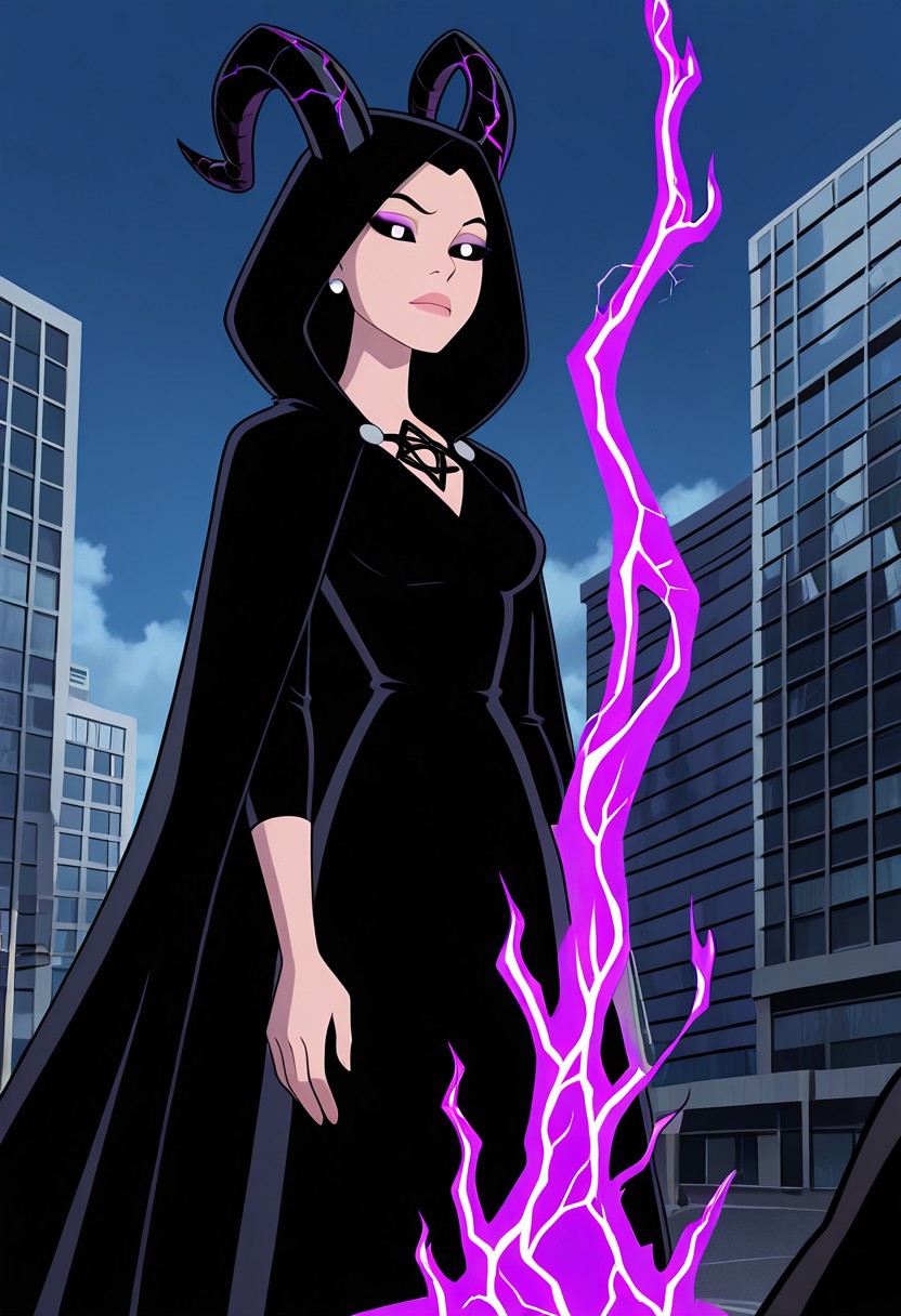 masterpiece, best quality, amazing quality, very aesthetic, absurdres, newest,, detailed background, ((parody,  cartoon, screencap))
elenaten, 1girl, black hair, black eyes, long hair, lips,earrings, makeup, v-neck , black dress, long sleeves
destroyed city, big horns, demon horns, purple energy veins, black sclera, purple pupils, summoning demon, black cloak, hood up, pentagram, cult