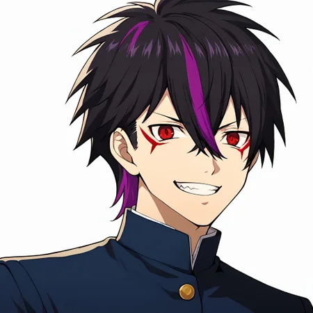 Score_9, score_8_up, score_7_up, source_anime, cowboy shot, masterpiece, best quality, upper body, portrait, (white background), solo, solo focus, 1boy, ((black hair)), short hair, spiky hair, ((hair straight up)), (hair between eyes), sharp top hair, ((slicked hair)), (((red eyes))), demonic eyes, ((purple string on bangs:1.3)), (colored bangs), (purple bangs), sharp teeths, smile grin, two colored hair, ((two-tone hair)), ((streaked hair:1.3)), (multicolored hair), purple hair, ((red eye tattoos)), (purple colored inner hair), <lora:colored inner hair:1>, ((purple hair tips)), <lora:_sdxl-gakuran-pony:0.8> (((black gakuran)))
