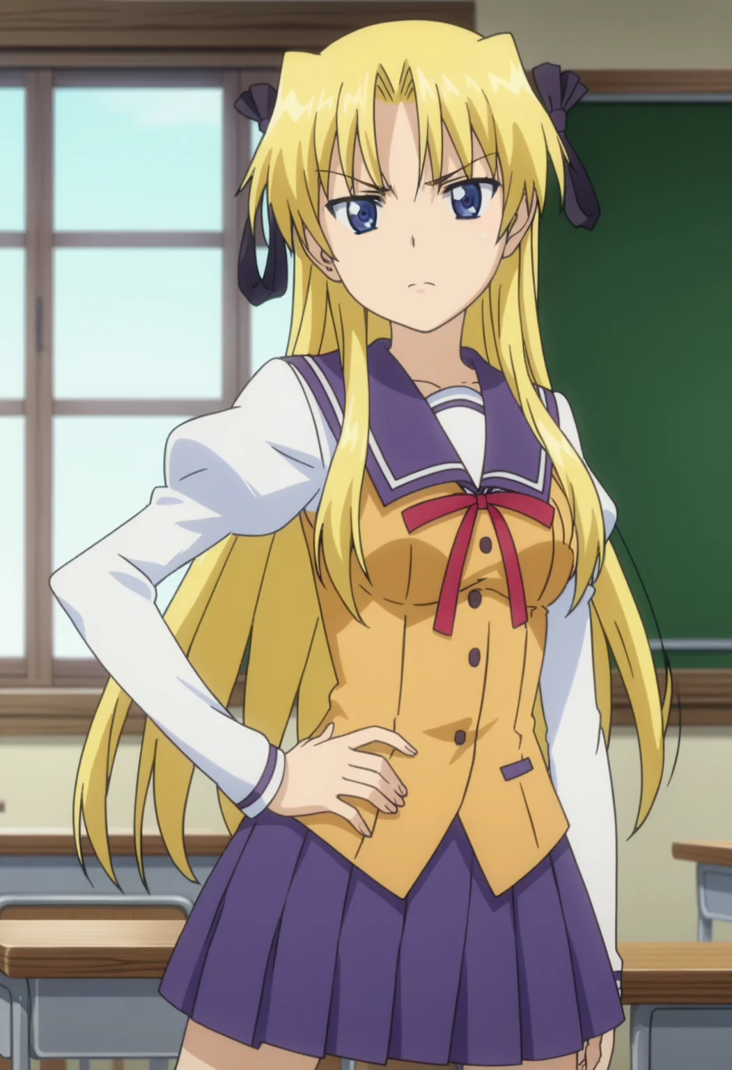score_9, score_8_up, score_7_up, source_anime,
BREAK
1girl, solo,
<lora:shiCampEricaV1:1>, anime screencap, anime coloring,
shiericaschool, long hair, blue eyes, blonde hair,
pleated skirt, long sleeves, school uniform, hair ribbon, serafuku, puffy sleeves, hand on own hip, purple skirt,
looking at viewer, sad,
indoors, school
