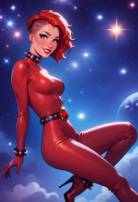 score_9, score_8_up, score_8_up, pin-up pose, perfect eyes, sexy white caucasian girl, green eyes, sexy, short red hair, undercut, (braid), (red hair:1.5), highly detailed face, buzzcut, EGirlMakeup, (medium breasts;1.3), (thin hips), shy smile, blush, kawaii, freckles, dark background, cosmic background, nebula, stars, galaxies, round breast, source comic book, bright colors, high res image, masterpiece, eyeliner, mascara, cherry red latex bodysuit, , x belt buckle, latex, studded, detailed background, detailed eyes, lipstick, all bright red clothing, red spiked choker, red spiked bracelets, belt, red spiked ankle bracelets, high heels, sweat, sweating, nipple shape through clothes, looking at viewer, laying on back, view from above, star cluster,space stars,clouds,stars,nebula,space art,