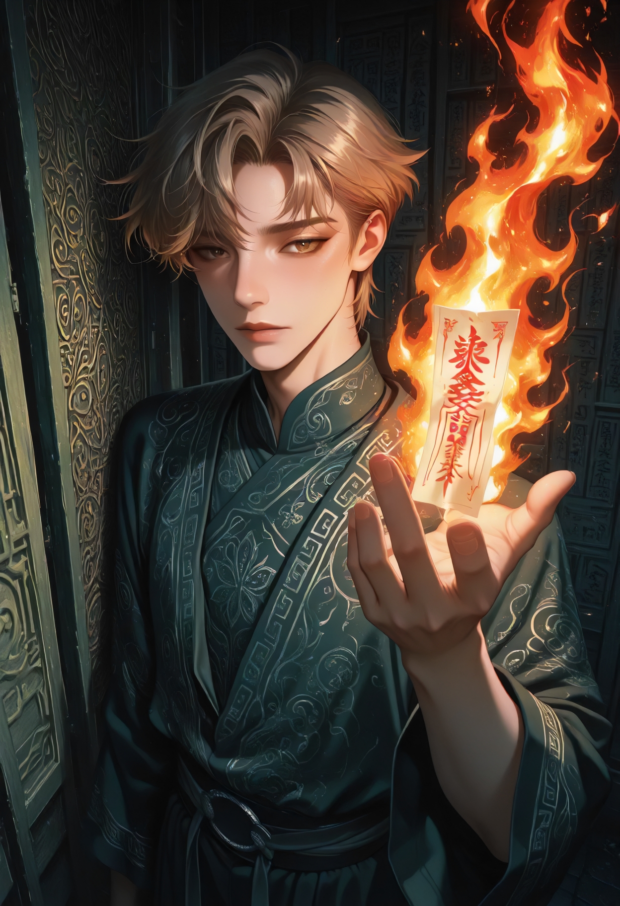 anime key visual, (boy:1.2) , manga, anime style, (mauve:1.1), (m-da_s-tarou:0.5),    
Gray and Green,  Psychedelic Art, Center the composition,  
male  eighteen solid, central asian, light brown eyes,       rectangular face shape sculpted shoulders , dark chestnut high and tight hair, sadness,  inscribing talismans with symbols, imbuing them with specific powers,   clairvoyant, invisibility and concealment , elemental burst, dynamic motion to release elemental power, otherworldly glow, hogwarts school of witchcraft and wizardry, vinyl siding, outdoor fire pit, wall washers (exterior)', 
ccd, male focus, gay, yaoi, solo, short hair, 
Qing dynasty clothing, talisman in hand,cinematic, dramatic angle, dynamic lighting, depth of field, bloom, chromatic aberration, chiaroscuro, subsurface scattering, masterpiece, best quality, absurdres, newest, detailed background, intricate details, Storytelling, visual impact, perfect light and shadow balance,  <lora:illu\enhance\ACC_Improve_ILL2_V1_PAseer.safetensors:1.0:1.0> <lora:illu\enhance\ppw_v7_Illuv1.0.safetensors:0.5000000000000001:0.5000000000000001> <lora:illu\enhance\CCD-IL-000009.safetensors:0.5000000000000001:0.5000000000000001> <lora:illu\charactor\Illustrious男友秘密花园_v1.0.safetensors:0.6000000000000001:0.6000000000000001> <lora:illu\new\TrendCraft_The_Peoples_Style_Detailer-v2.4I-5_18_2025-Illustrious.safetensors:0.30000000000000004:0.30000000000000004>
