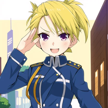 a cute (little girl:1.0), riza hawkeye, standing, military uniform, blonde hair, salute, facing viewer, solo, happy, masterpiece, high quality, detailed background, city street, <lora:rizaHawkeyeCharacter_v10:0.75>