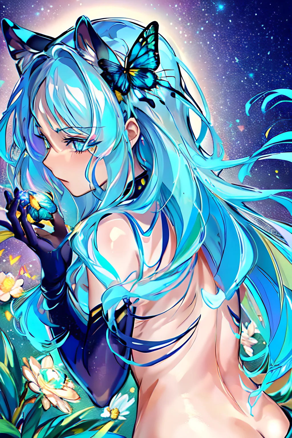 masterpiece,best quality, <lora:Yuu:0.8>,1girl, aerial_fireworks, aqua_hair, artist_name, astronaut, aurora, blue_butterfly, bug, butterfly, butterfly_on_hand, constellation, crescent, crescent_moon, facial_mark, fireflies, fireworks, full_moon, gloves, glowing, glowing_butterfly, long_hair, makeup, milky_way, moon, moonlight, planet, profile, shooting_star, sky, snowing, solo, space, sparkle,starry,night,stars