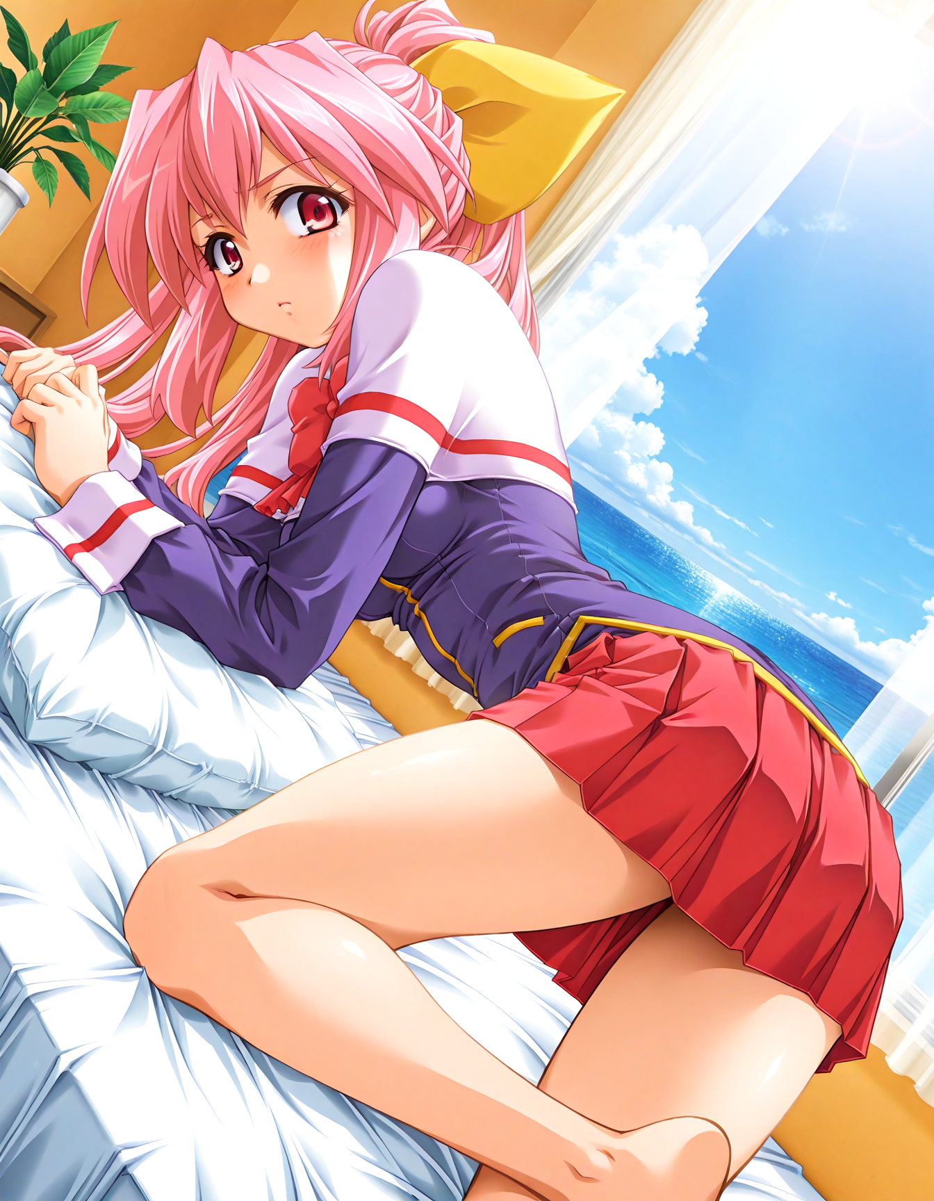 (1girl, solo:1.3), (2girls, 3girls, 4girls, multiple girls, 2boys, 3boys, 4boys, multiple boys:-1.5) <lora:Inuyama_Tsumugi_Dokusen_Illustrious:0.9>, inuyama_tsumugi, medium breasts, red eyes, pink eyes, pink hair, long hair, ponytail, hair bow, hair ribbon, yellow ribbon, school uniform, long sleeves, wrist cuffs, white capelet, capelet, red bowtie, bowtie, red skirt, pleated skirt, miniskirt (pout:0.7), open eyes, general, contrapposto, dynamic pose, , portrait, from behind, from below, dutch angle, indoors, hotel room, double bed, on bed, lying, (white theme:1.3), window, tall window, ocean view, curtains, plant, potted plant, flower, (perspective:0.7), barefoot, <lora:NOOB_EPSv1_1_detailer_by_vlnvk_v1_0:1.5>, (photo background:0.7), day, (tachibana yuu:0.6), inue shinsuke, (kazuma muramasa:0.0), saikawa yusa, (aoi manabu:0.6), abarerumidori, (suzui narumi:0.6), masterpiece, newest, absurdres, 8K, anime screenshot, anime coloring, flat color, official art, film grain, <lora:illustriousXLv01_stabilizer_v1.185c:0.7>, <lora:LECO_Solo:-4.0>,