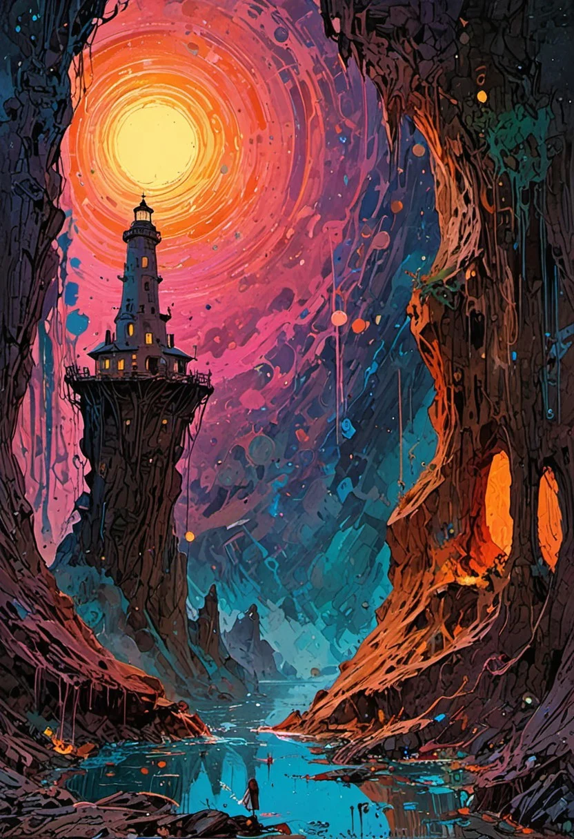 A beautiful: [WUNJO, September 28,2024. JOY]: deco pop artist, all pastel sleek futuristic outfit standing in a cave, high quality fantasy art, historic rendering of an old lighthouse, square spaceship , digital artwork by Beksinski, vibrant colors include cuware and births a house,picture shows water, expansive, the moon, with strange architecture and down on a suspended mid-air jet. create a sense of detailed, abstract, trippy, 60s style, op art,  cell shaded, 8k. The composition includes overlapping circles, sharp-edged polygons, and fluid lines, all interwoven to create a sense of rhythm and flow.