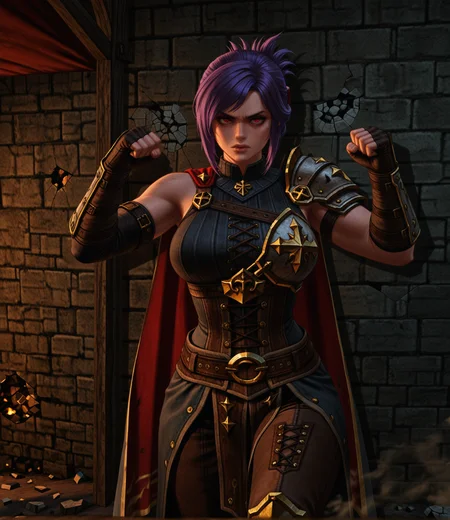 kingpin, realistic, masterpiece, best quality, amazing quality, very aesthetic, absurdres, newest, rim lighting, dramatic shadows, (action pose:1.2), (facing wall:1.2), 1girl, sabia, human, purple hair, red eyes, folded ponytail, armor, single shoulder armor, cape, single bare shoulder, clothed, large breasts, punching cracked stone wall, dust burst, broken bricks, frustration, dramatic emotion, dim torchlight, worn battlefield tent wall, cinematic intensity, <lora:dmd2_sdxl_4step_lora:1>, <lora:Kingpin_-_Life_of_Crime_Style_1.2_ILXL-000010:1>, <lora:KOD_dtv5r__for_Illustrious_v0.1__Adafactor:0.34>