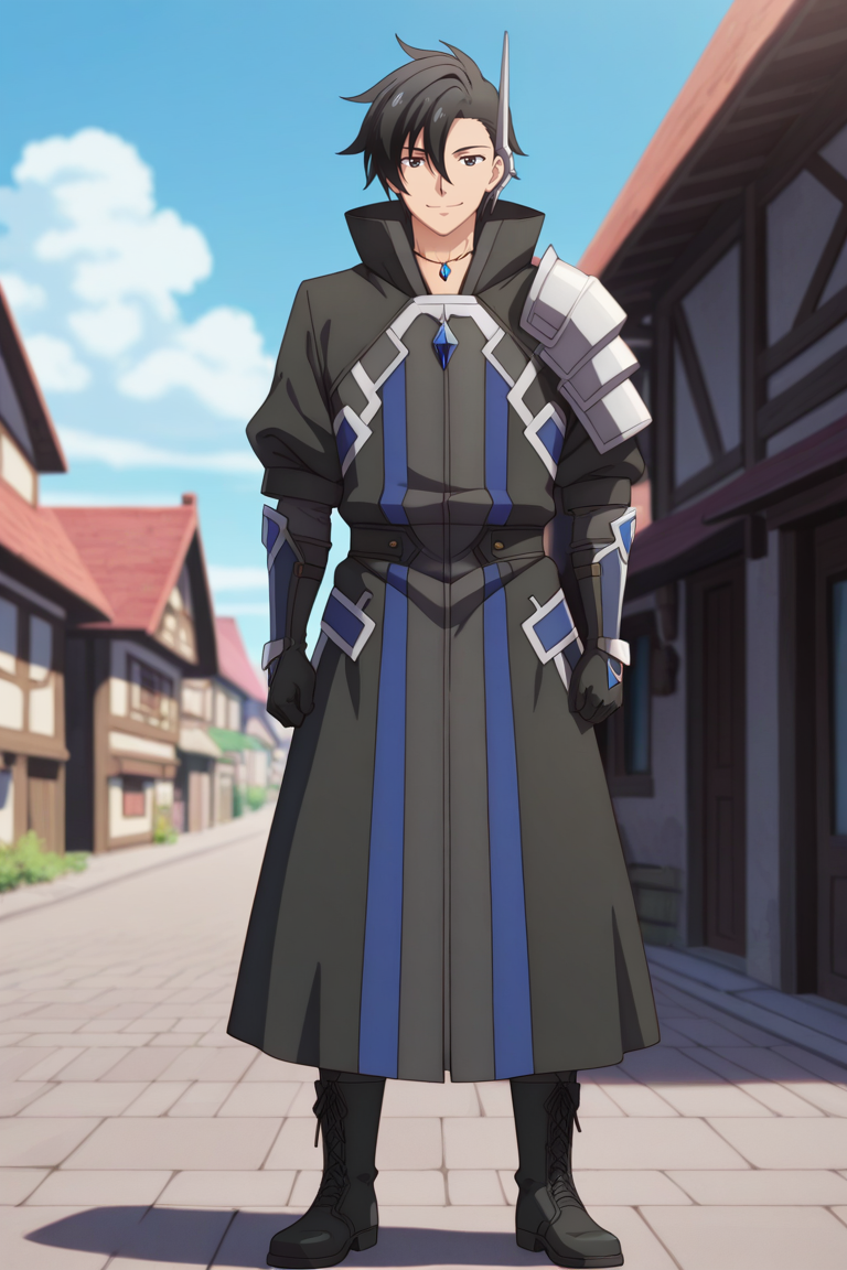 masterpiece, best quality, amazing quality,high resolution, intricate details,official style,depth of field,anime srceencap,anime coloring, , , 1boy, solo, male focus,  <lora:kelvin_celsius:0.90>,kelvin celsius,black hair,black eyes,side swept,short hair,looking at viewer,black coat,accessory,gloves,jewelry,shoulder armor,boots,black gloves,closed mouth,smile,standing,black footwear,full body,confident expression,outdoors,village,street,day,sky