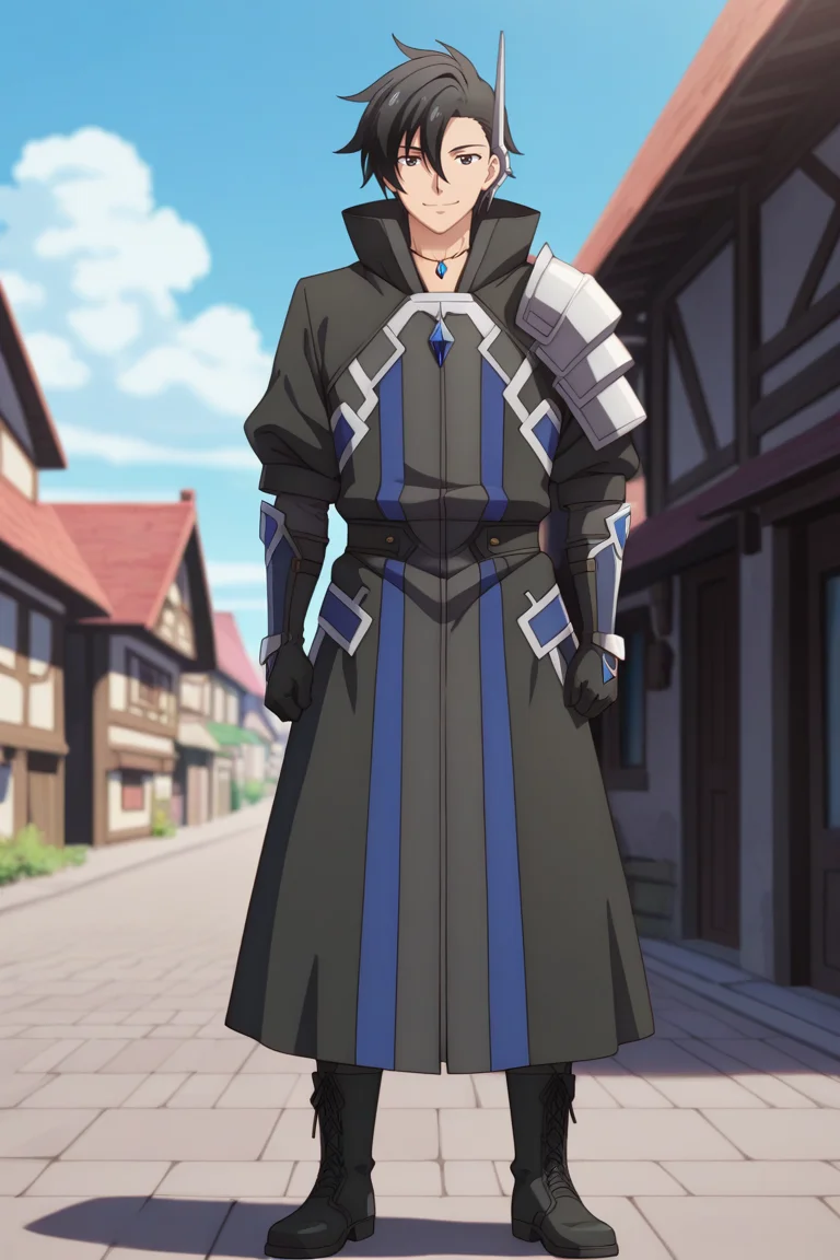 masterpiece, best quality, amazing quality,high resolution, intricate details,official style,depth of field,anime srceencap,anime coloring, , , 1boy, solo, male focus, <lora:kelvin_celsius:0.90>,kelvin celsius,black hair,black eyes,side swept,short hair,looking at viewer,black coat,accessory,gloves,jewelry,shoulder armor,boots,black gloves,closed mouth,smile,standing,black footwear,full body,confident expression,outdoors,village,street,day,sky