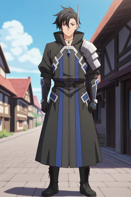 masterpiece, best quality, amazing quality,high resolution, intricate details,official style,depth of field,anime srceencap,anime coloring, , , 1boy, solo, male focus, <lora:kelvin_celsius:0.90>,kelvin celsius,black hair,black eyes,side swept,short hair,looking at viewer,black coat,accessory,gloves,jewelry,shoulder armor,boots,black gloves,closed mouth,smile,standing,black footwear,full body,confident expression,outdoors,village,street,day,sky