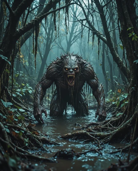 Create a hauntingly atmospheric scene of a monstrous creature lurking in a dark, swampy forest. The creature is a terrifying hybrid of a sloth and a primal predator, with twisted, matted fur dripping with swamp water and grime. Its large, clawed limbs dig into the muddy ground, leaving deep grooves as it prowls menacingly. Its wide, gaping mouth is filled with razor-sharp, jagged teeth, dripping with saliva that gleams in the dim light, adding a visceral, horrifying detail to its appearance. The creature's hollow, soulless eyes glow faintly, exuding an otherworldly and malevolent aura.

The surrounding environment is a dense, eerie swamp. Thick, twisted tree branches loom overhead, draped with long strands of moss that hang like ghostly curtains. The forest is shrouded in mist, giving the scene an ethereal, chilling vibe. Pools of murky water reflect the faint glow of light breaking through the dense canopy above. The ground is uneven and covered in twisted roots, decaying leaves, and muddy patches that amplify the sense of decay and desolation.

The lighting is dim and moody, with a cold, bluish-green hue dominating the color palette. Shafts of weak light filter through the fog and foliage, creating a stark contrast between the deep shadows and the creature's grotesque features. The background is cloaked in darkness, with only faint silhouettes of trees and swamp vegetation visible, enhancing the isolation and danger of the setting.

Emphasize the raw, feral energy of the creature, capturing its predatory stance as it seems to lock onto its prey. Its sharp claws, glistening with muck, and the chilling details of its snarling face should draw the viewer’s attention immediately, creating a sense of dread and unease. The overall atmosphere should evoke feelings of fear, suspense, and the lurking presence of a nightmarish predator in a desolate, unwelcoming environment.