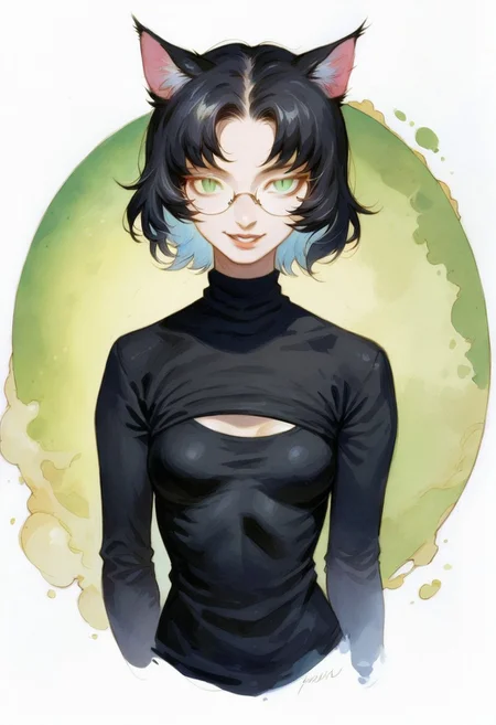 score_9, score_8_up, score_7_up, score_6_up, 1girl, solo, simple background, looking at viewer, cat ears, animal ears, black hair, medium hair, straight hair, bangs, black cat tail, green eyes, slit pupils, small breasts, round rimless glasses, smile, parted lips, black sweater, traditional media, watercolor, sketch,
