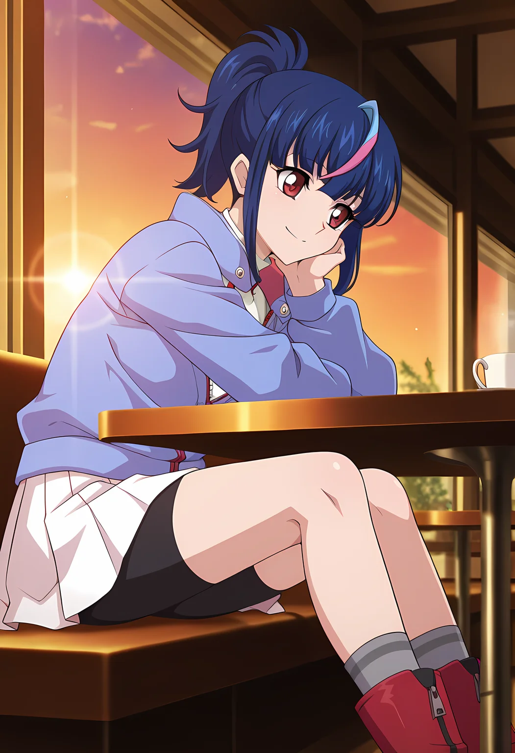 masterpiece,best quality,amazing quality,
1girl, solo,
Hikari Myodo (Cardfight Vanguard), ponytail, multicolored hair, blue hair, streaked hair, pink hair, red eyes,
white shirt, blue jacket, zipper pull tab, turtleneck, long sleeves, bike shorts under skirt, white skirt, black shorts, pleated skirt, grey socks, red footwear, boots,
Smile, looking around, hands on table,
cinematic, upper body,
Sit, cafe, afternoon, sunset,
Lens flare, bloom,
Official style, anime screencap, anime coloring,