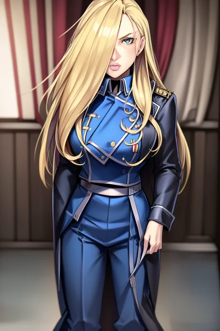 full body, woman, olivier_mira_armstrong, blue uniform, <lora:Olivier Mira Armstrong:0.8>, highres, sharp focus, pixiv masterpiece, ((intricate details)), highly detailed,