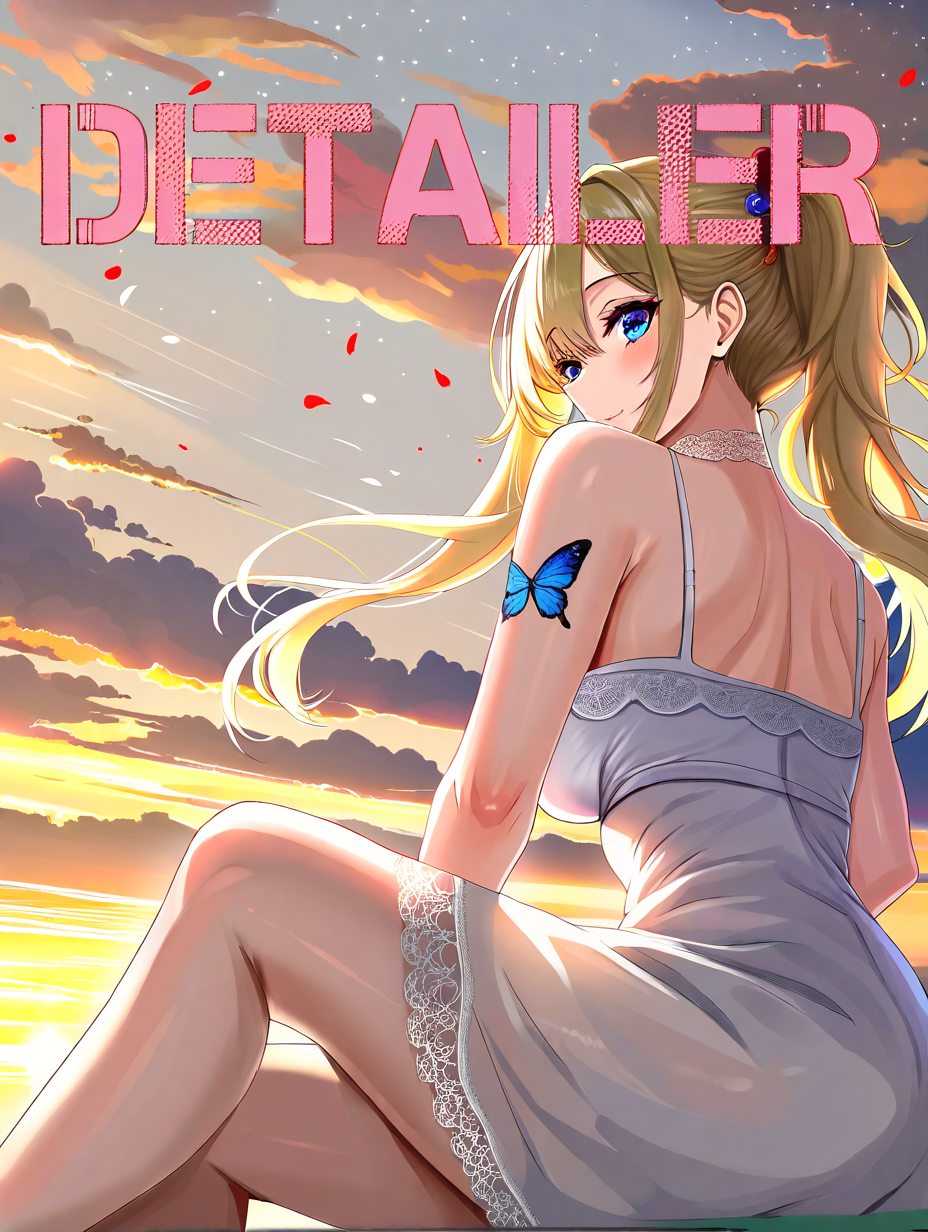 (Poster:1.2), 1girl,  side ponytail, blue eyes, sundress,  flowers, summer vibe, park,  shoulder tattoo, butterfly tattoo,  DETAILER logo, (sky:1.2), clouds, golden hour, lace choker, scenery, breasts, light, shadow, focus on scenery, feet out of frame, 
artist: misaki12003, artist: abpart,  artist: amagi \(amagi626\),
(masterpiece, best quality, incredibly absurdres,  detailed,perfect quality, amazing quality, newest,  ultra-detailed, extremely detailed, modern, 8k, 16k, 32k, crisp, very awa, crisp, sharp, beautiful eyes, fine textures, clean skin, intricate details, very aesthetic:1.5), absurdres, highres,
<lora:NOOB_EPSv1_detailer_by_vlnvk_v0_5:2>