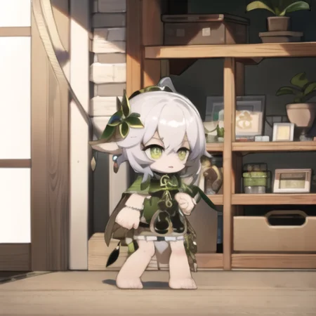 chibi, full body, standing, short hair, white hair, cross-shaped pupils, default_dress, green cape, barefoot, nahida_genshin, indoors, hydroponics, <lora:Arknights_Chibi_Full_body_v1:1> , <lora:Genshin_yetAnotherNahida_v3:1>